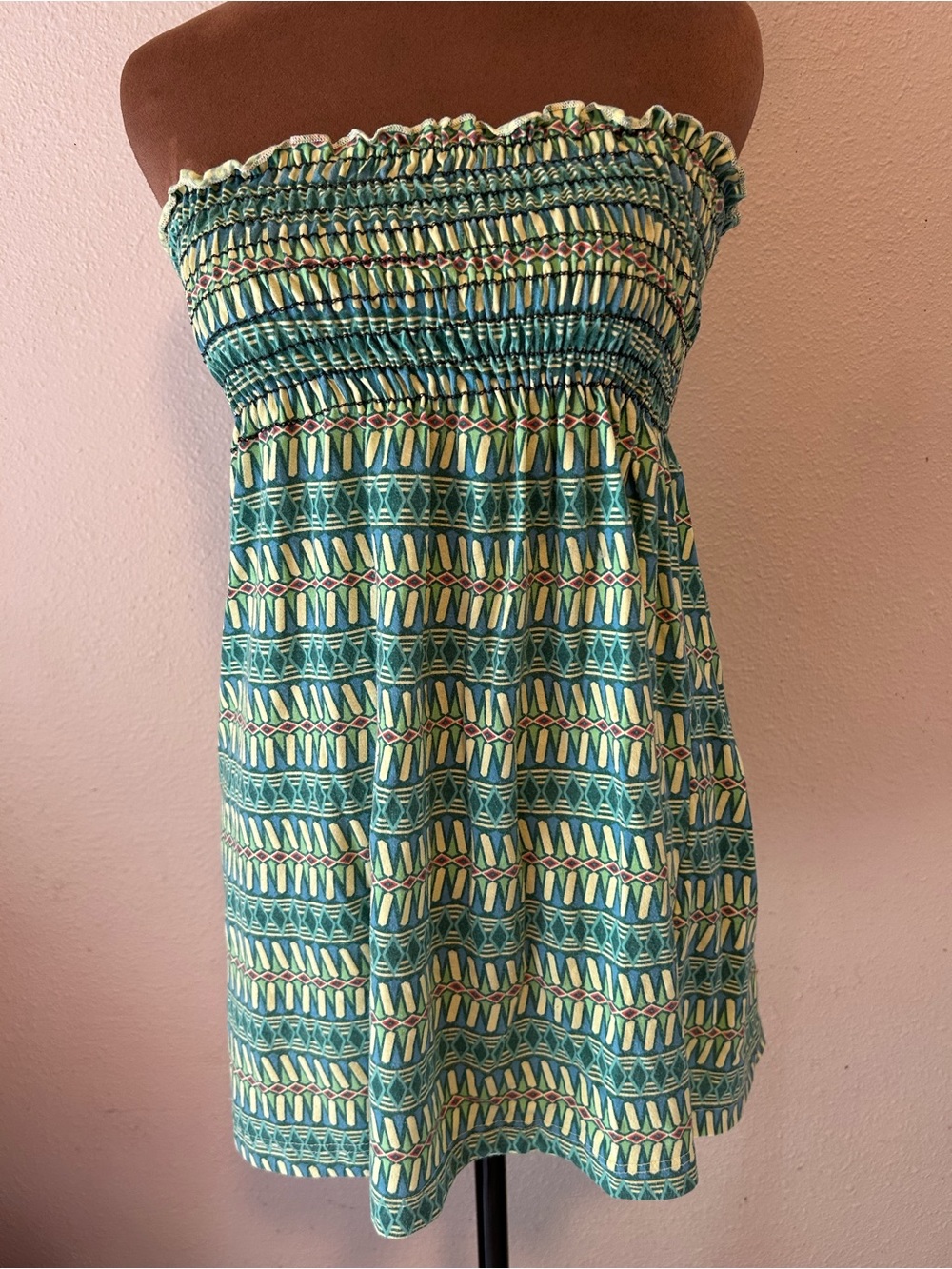 Anthropologie Green Patterned Strapless Tunic Top